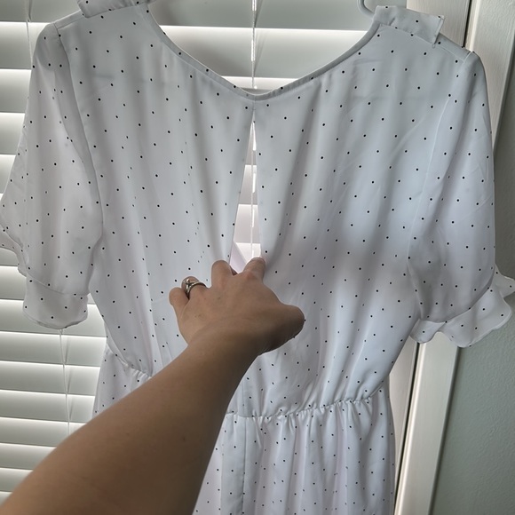 BCBGeneration Polka Dot Faux Wrap Ruffled Mini Black White Dress - Picture 7 of 11